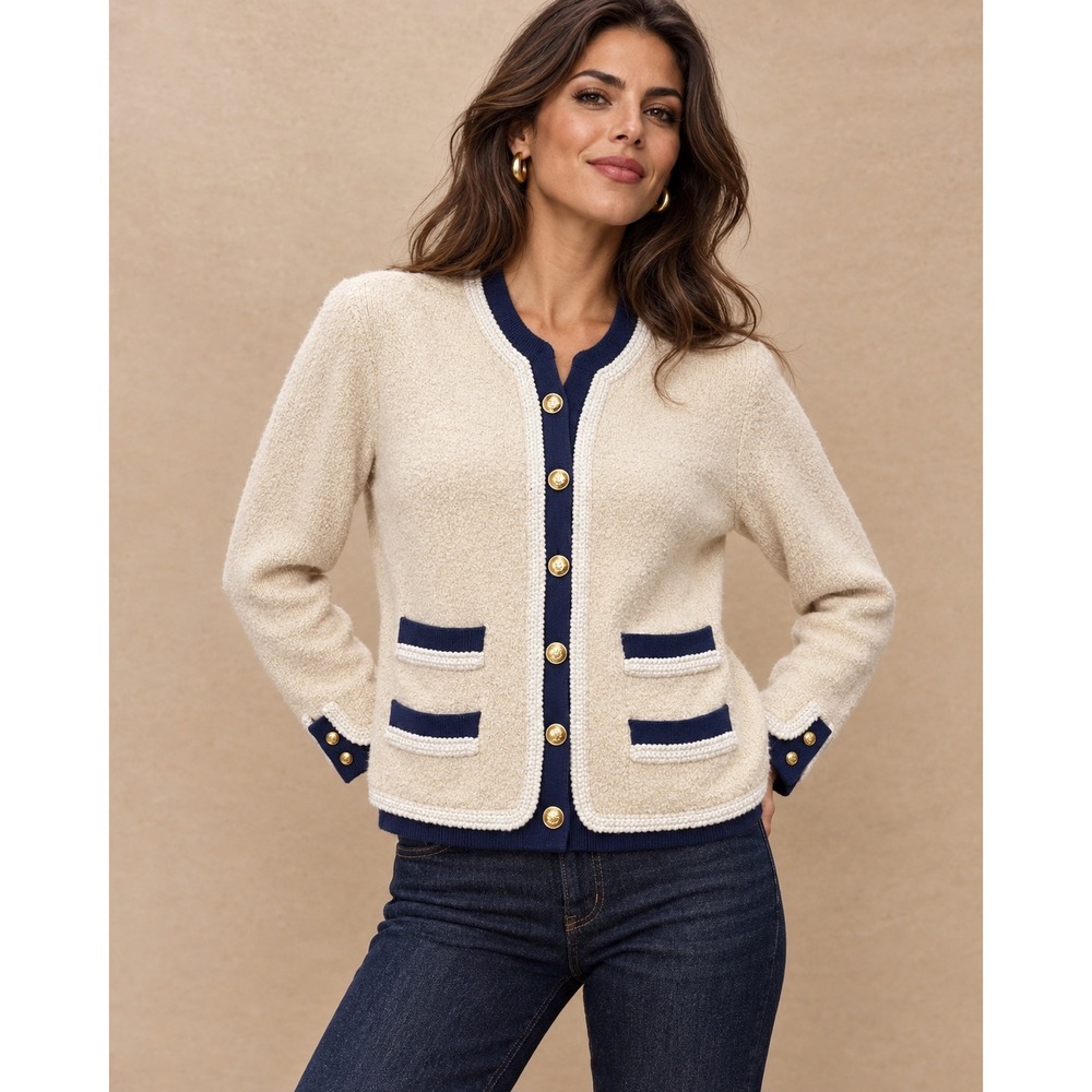 J.Crew Cream Navy Bouclé Cardigan Gold Crest Button Crochet Trim XL